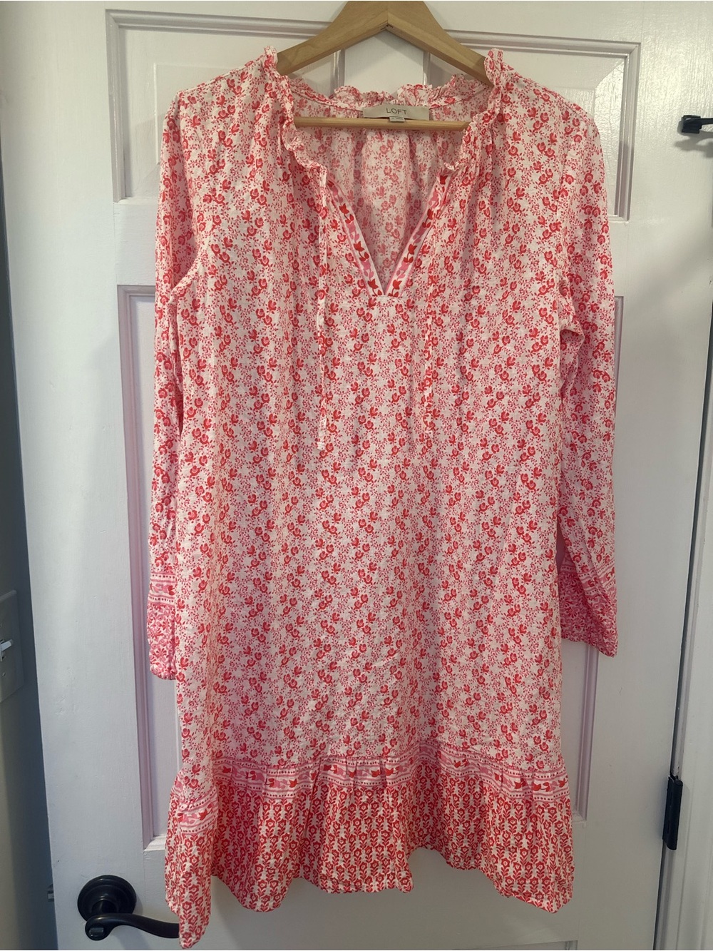 LOFT Pink Red White Floral Print Dress Size Medium